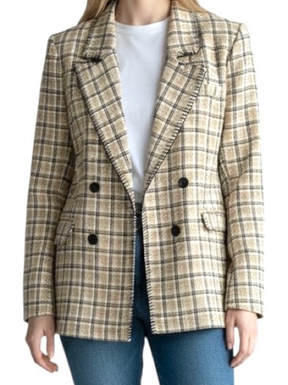 Fate Plaid Blazer Double breasted Women’s M Gray Tan Neutral Office Career